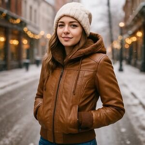 Miss Posh Faux Leather Brown Bomber Jacket L Fur Lined Hood Y2K Cropped
